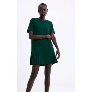 Zara Green Pleated Short Sleeve Shift Dress Size XS